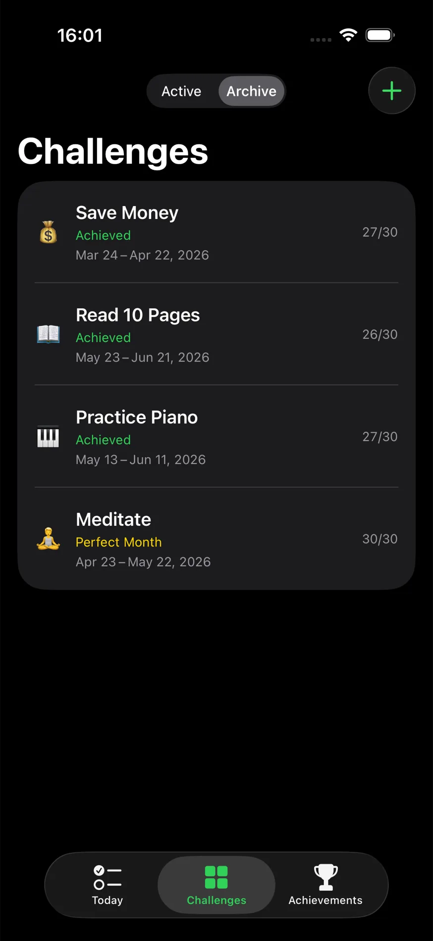 Archive view: completed challenges with final status and date range