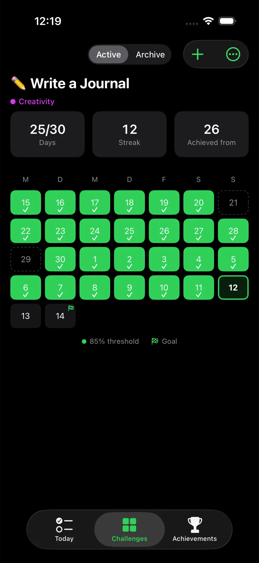 Calendar view for a single challenge with day-by-day progress and streak count