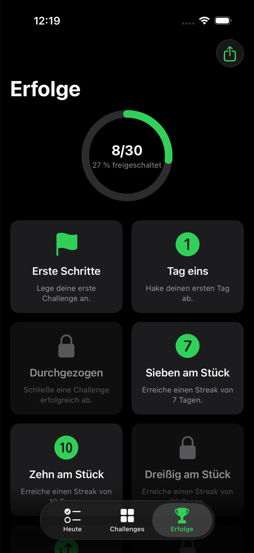 Erfolge-Ansicht: freigeschaltete Achievements und Fortschrittsring
