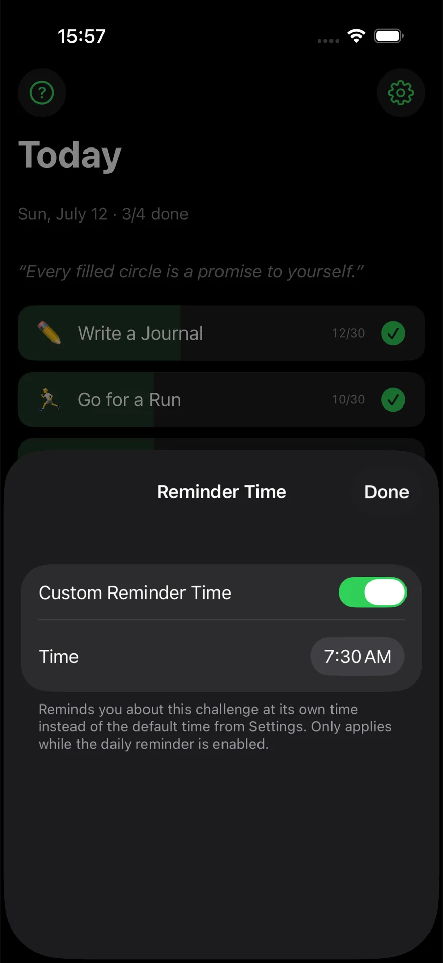 Reminder time sheet: custom notification time set for a single challenge